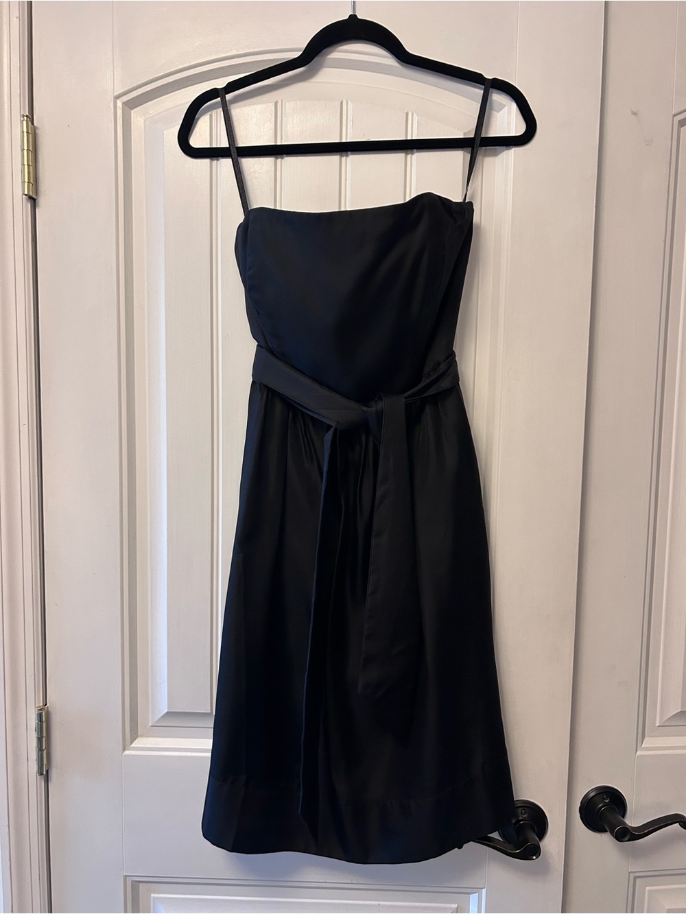 White House | Black Market Black Satin Strapless Dress with Waist Tie